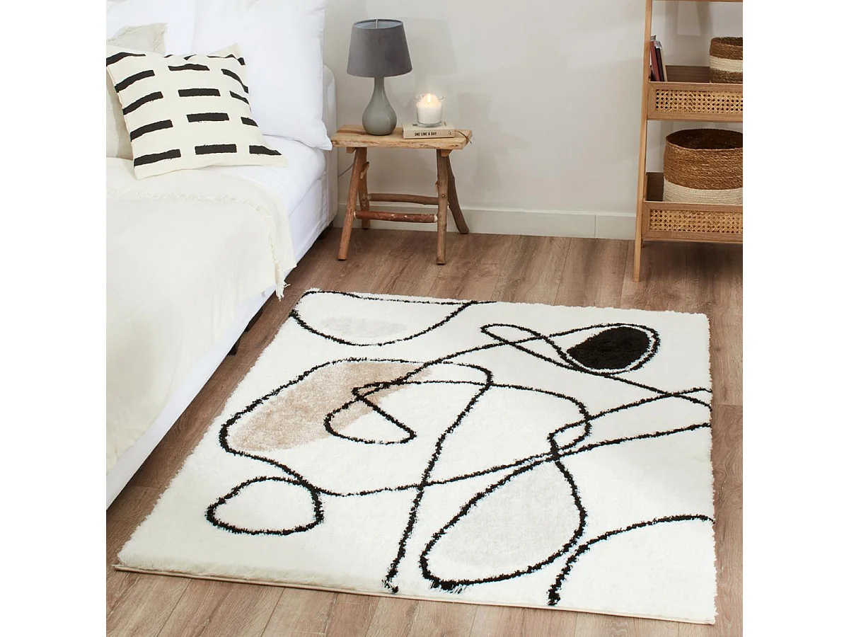 Tapis shaggy 160x230 rectangle tissé marron et noir motif géométrique INFINA 1