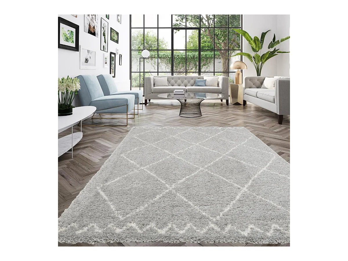 Tapis shaggy 160x230 rectangle tissé gris et crème motif berbère CHROMA 3