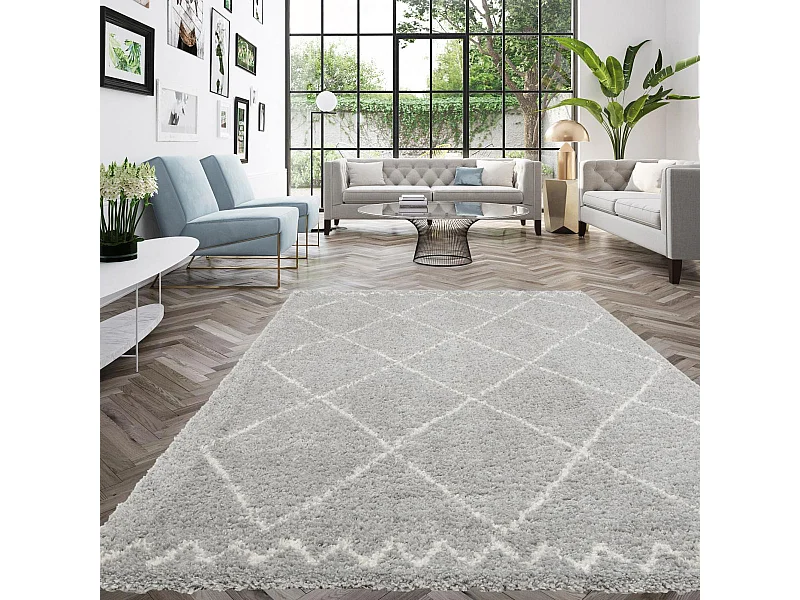 Tapis shaggy 160x230 rectangle tissé gris et crème motif berbère CHROMA 3