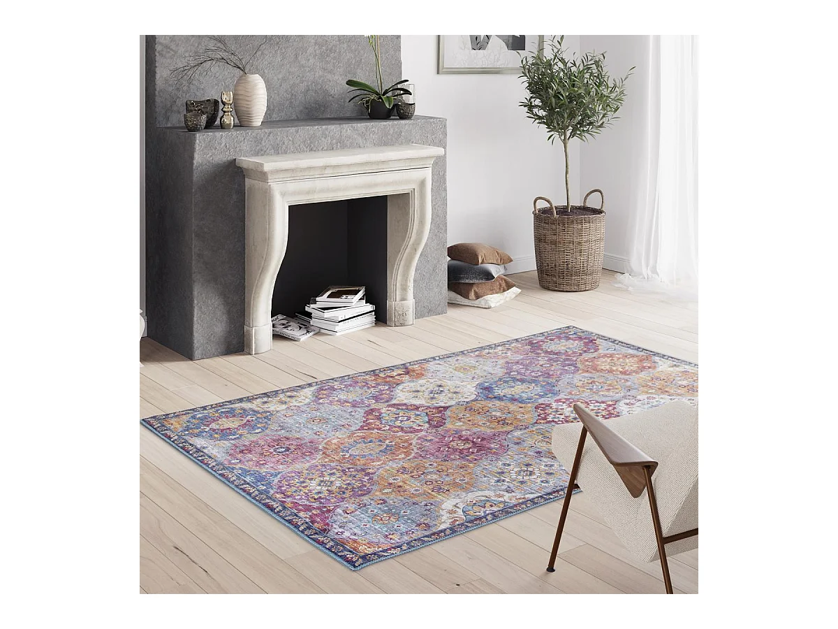 tapis salle à manger 160x230 tissé violet et gris rectangle motif ethnique