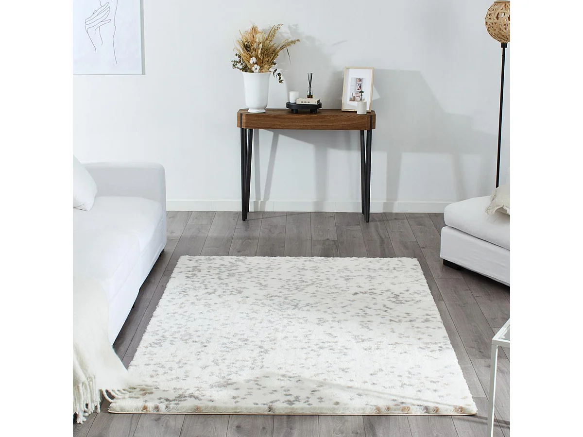 Tapis shaggy 120x160 rectangle tissé beige et blanc motif géométrique TEROVA 1