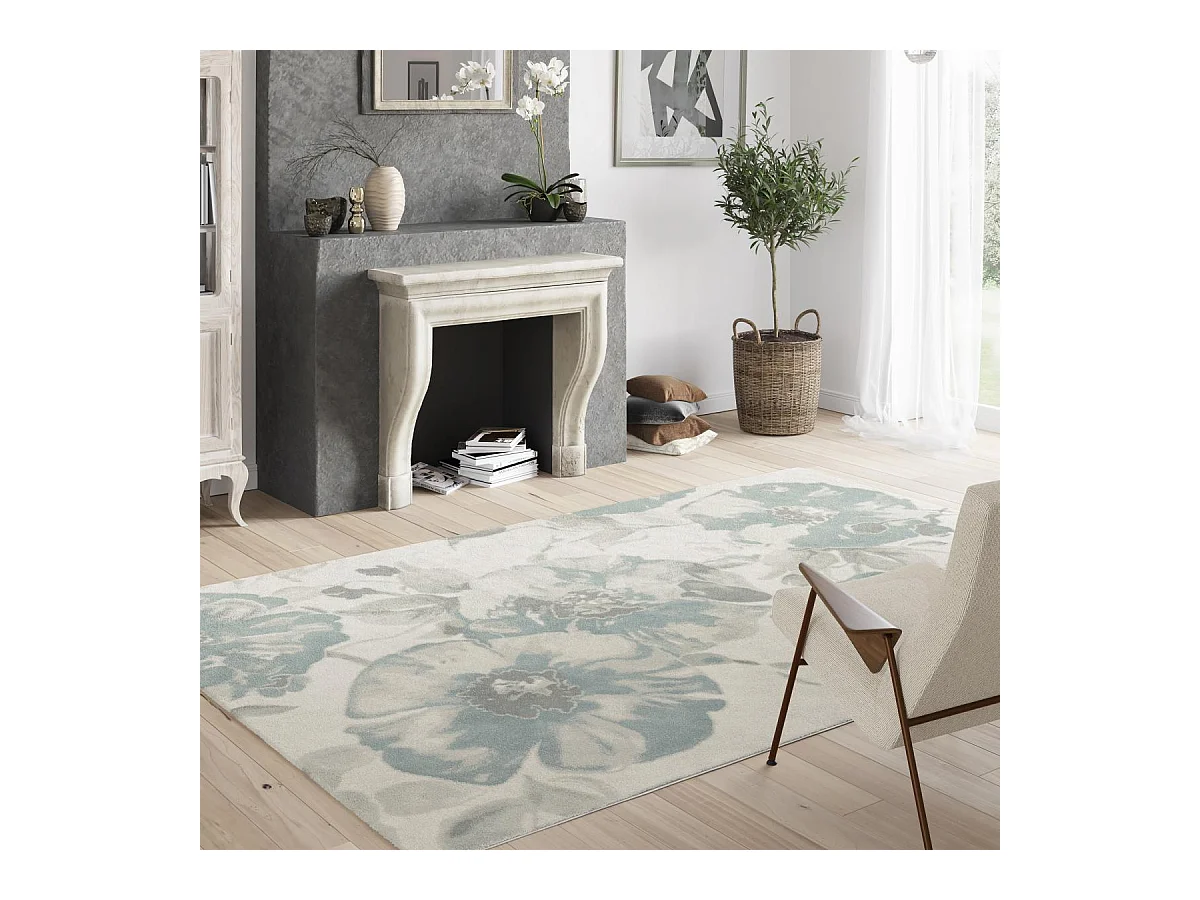 tapis chambre 80x150 tissé crème et gris rectangle motif floral LUCEN 3