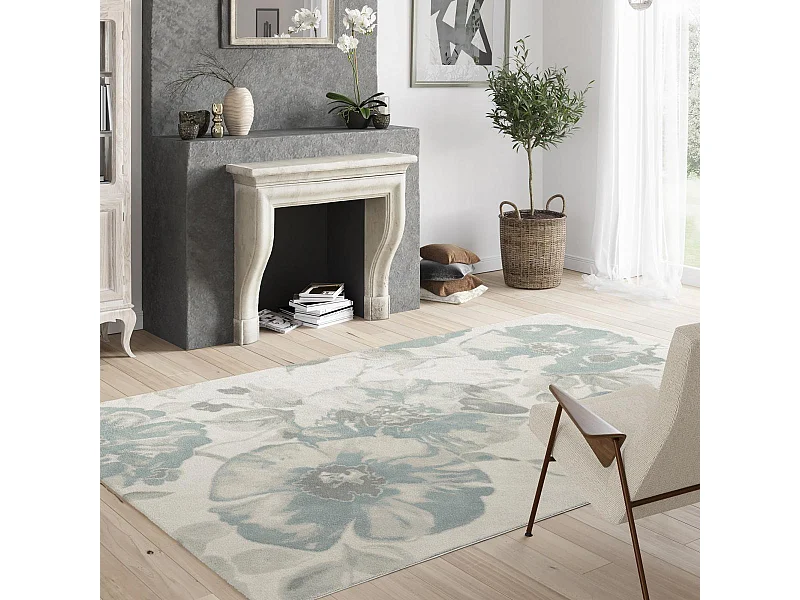 tapis chambre 80x150 tissé crème et gris rectangle motif floral LUCEN 3