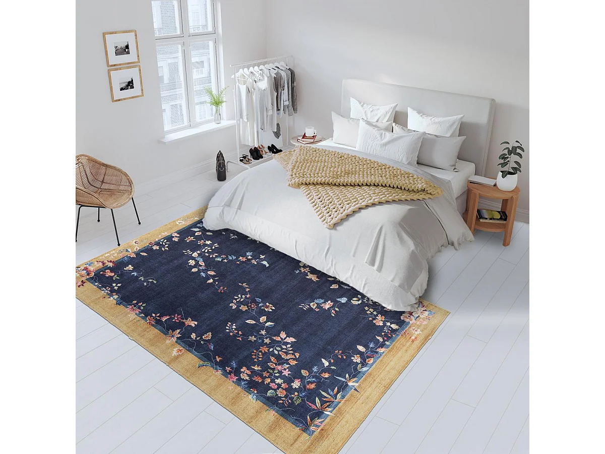 tapis grand salon 200x290 tissé beige et bleu rectangle motif floral VIVACE 7