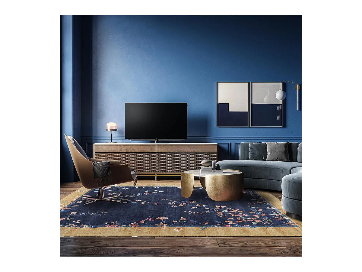 tapis grand salon 200x290 tissé beige et bleu rectangle motif floral VIVACE 7
