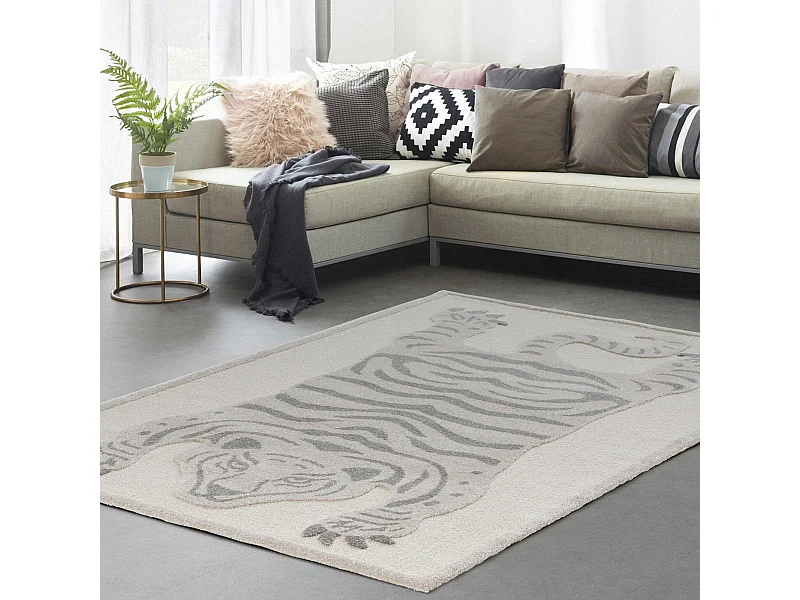tapis salon 160x230 tissé gris clair et gris foncé rectangle motif animaux