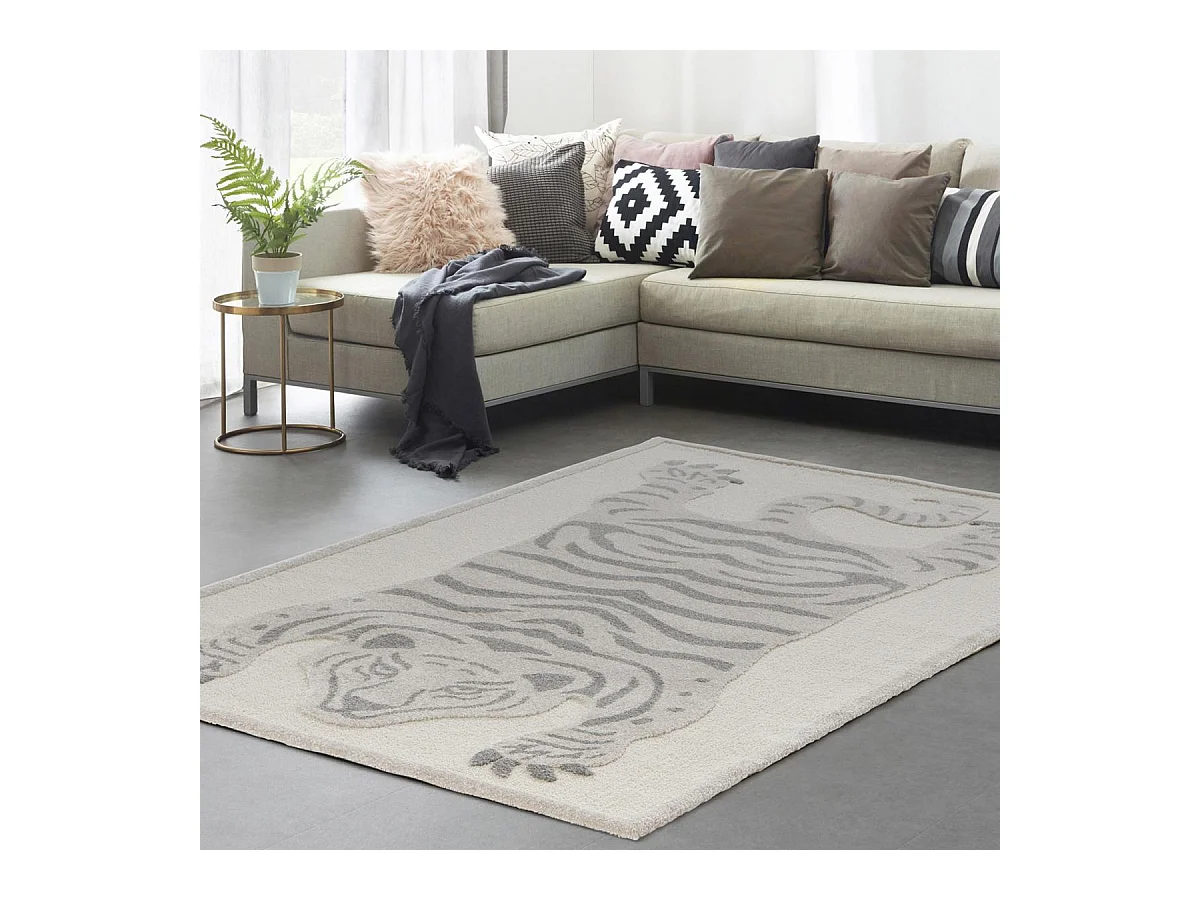 tapis salon 160x230 tissé gris clair et gris foncé rectangle motif animaux