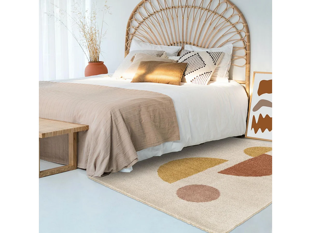 Tapis shaggy 160x230 rectangle tissé beige et orange motif géométrique AURORA 3