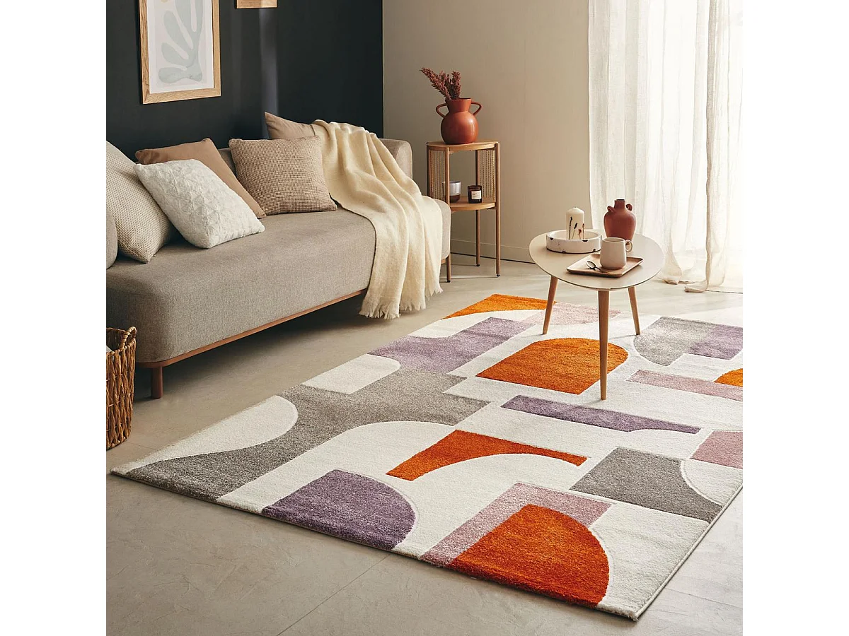 tapis salon 160x230 tissé gris et beige rectangle motif géométrique ECHO 3