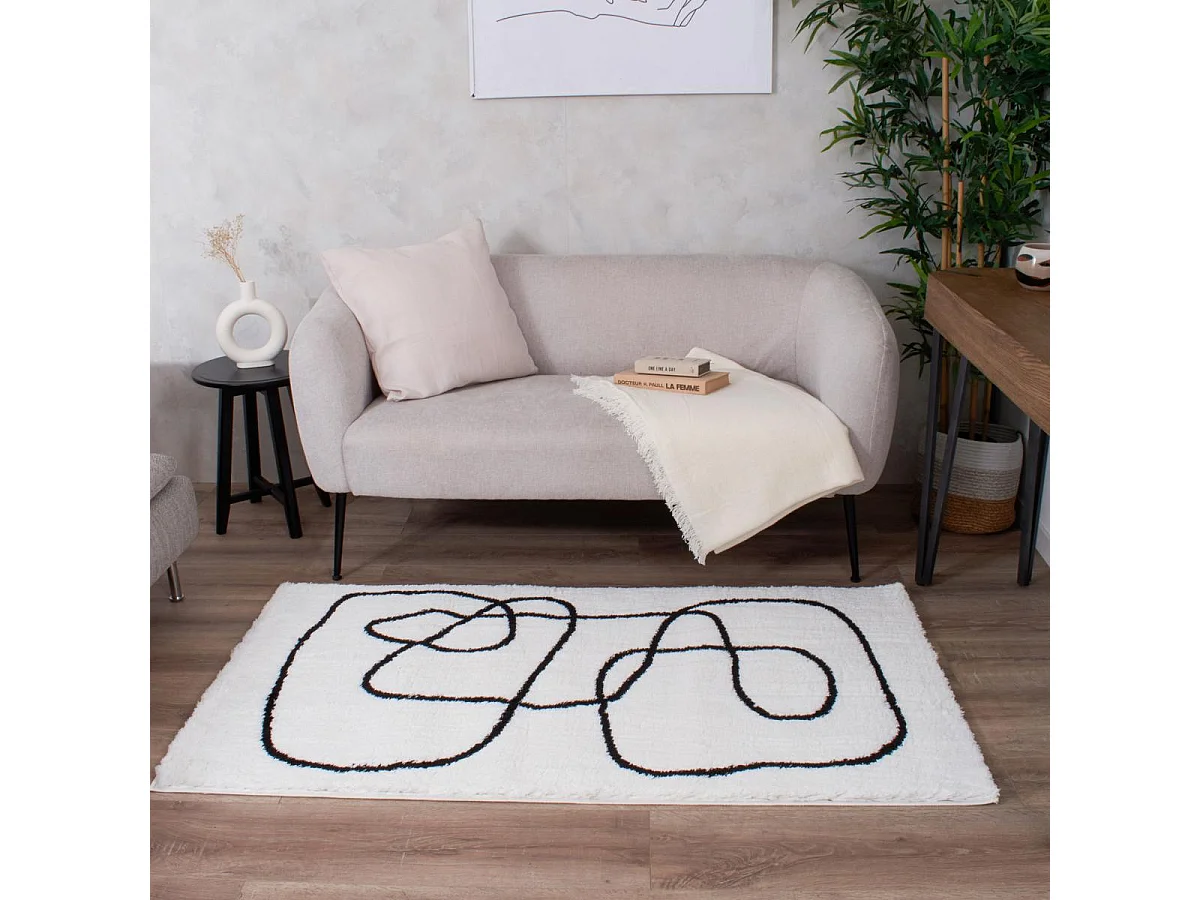 Tapis longs poils shaggy 120x160 rectangle tissé blanc et noir