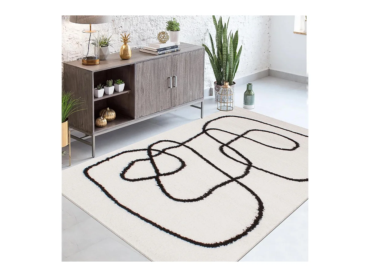 Tapis longs poils shaggy 120x160 rectangle tissé blanc et noir