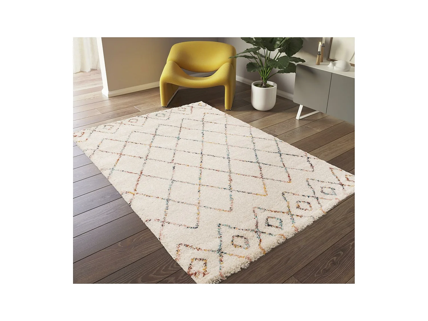 Tapis shaggy 200x290 rectangle tissé crème motif abstrait AMORE 8