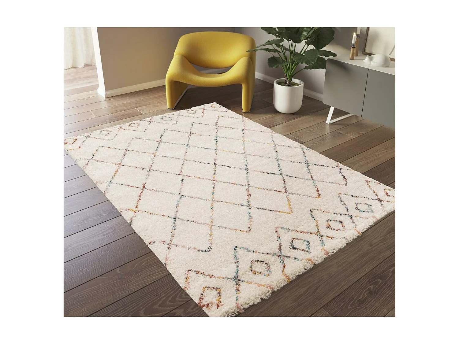 Tapis shaggy 200x290 rectangle tissé crème motif abstrait AMORE 8