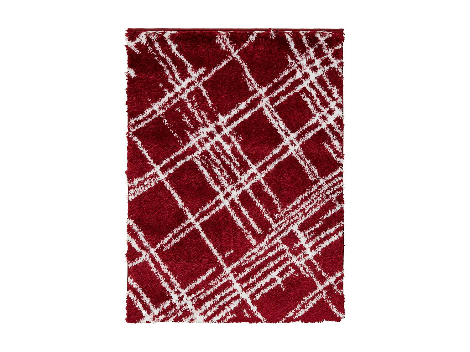 Tapis shaggy 67x180 rectangle tissé rouge et blanc motif géométrique EMBER 1