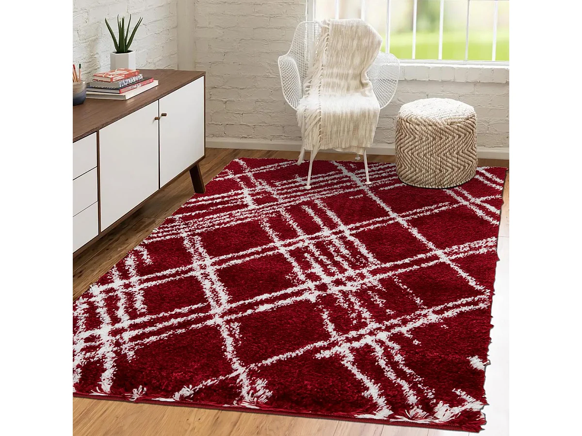 Tapis shaggy 67x180 rectangle tissé rouge et blanc motif géométrique EMBER 1