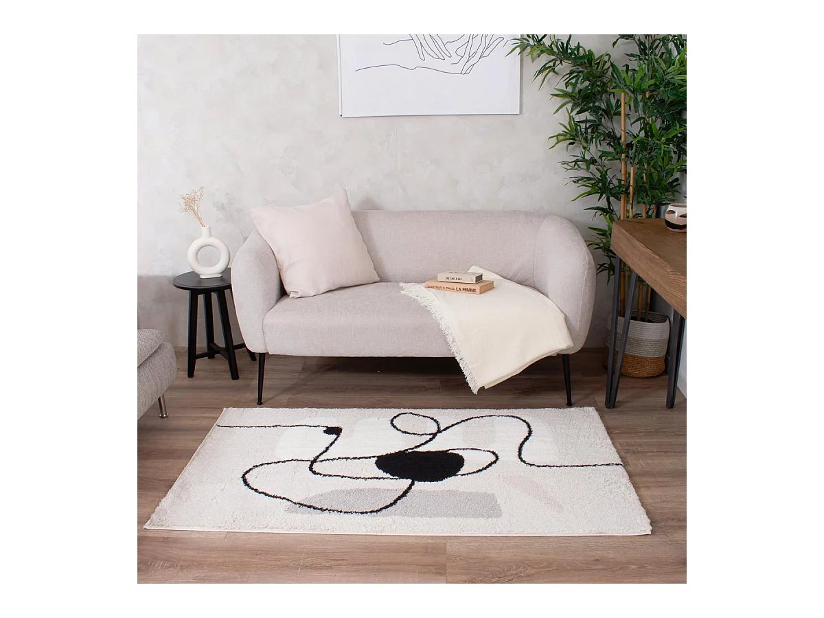 Tapis shaggy 200x290 rectangle tissé marron et noir motif géométrique INFINITA