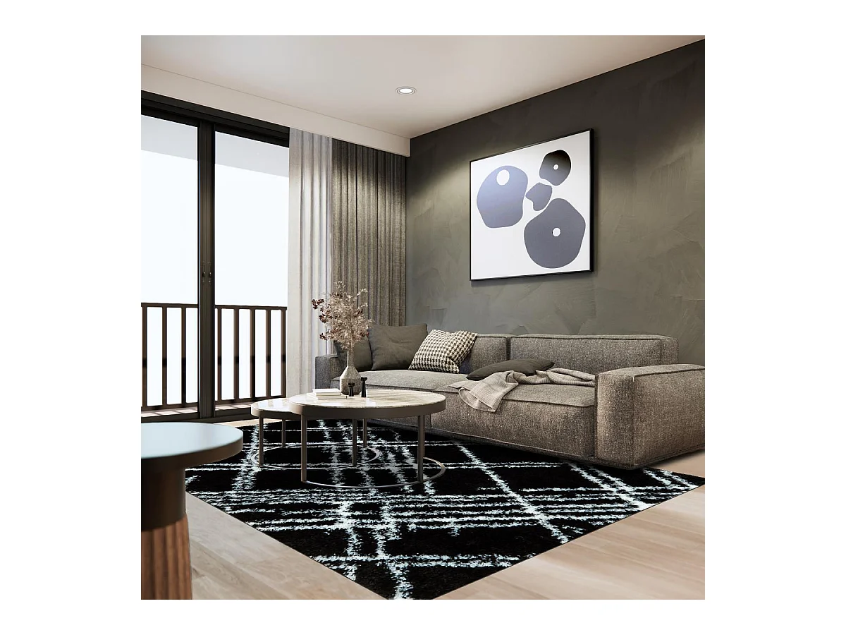 Tapis shaggy 80x300 rectangle tissé noir et blanc motif géométrique EMBER 1
