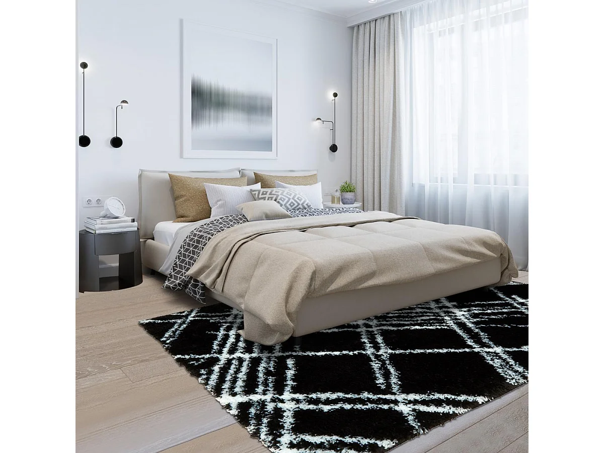 Tapis shaggy 80x300 rectangle tissé noir et blanc motif géométrique EMBER 1