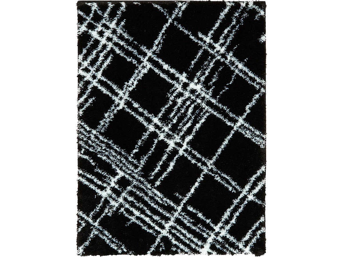 Tapis shaggy 80x300 rectangle tissé noir et blanc motif géométrique EMBER 1