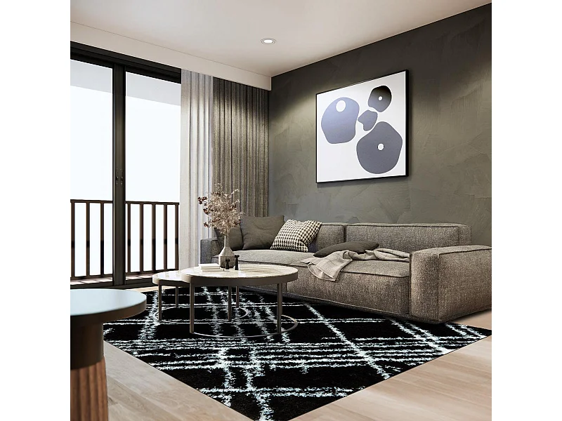 Tapis shaggy 80x300 rectangle tissé noir et blanc motif géométrique EMBER 1