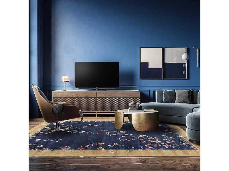 tapis salle à manger 160x230 tissé beige et bleu rectangle motif floral VIVACE 7