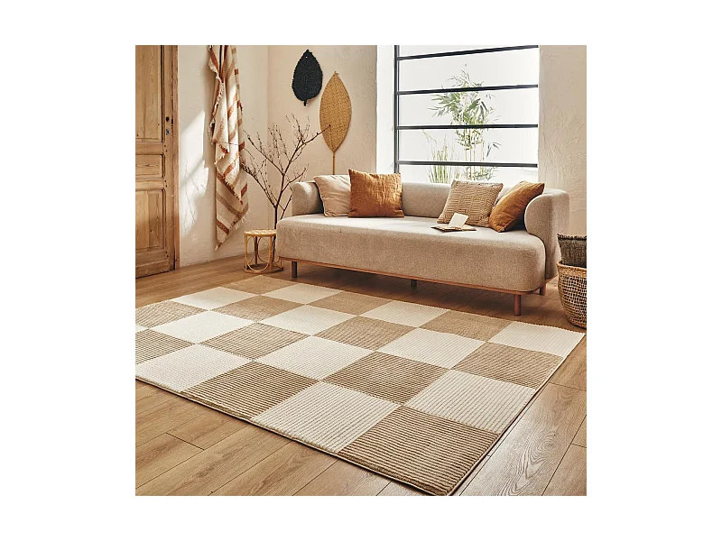 tapis entrée 80x150 tissé crème rectangle motif géométrique LUNKIN 5