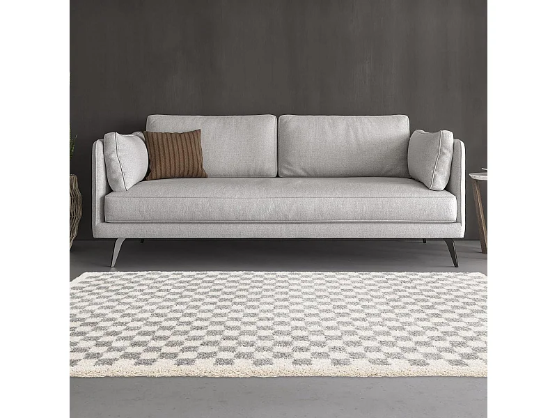 Tapis shaggy 200x290 rectangle tissé gris et beige motif géométrique AVANTE