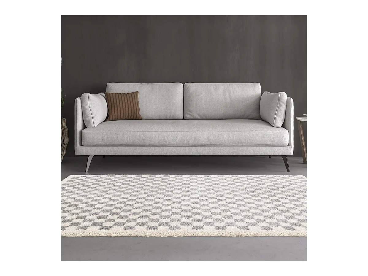 Tapis shaggy 200x290 rectangle tissé gris et beige motif géométrique AVANTE