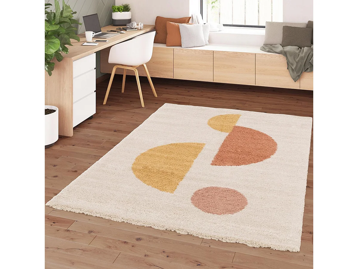 Tapis shaggy 120x170 rectangle tissé beige et orange motif géométrique AURORA 3