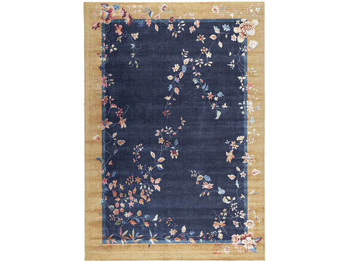 tapis salon 120x170 tissé beige et bleu rectangle motif floral VIVACE 7