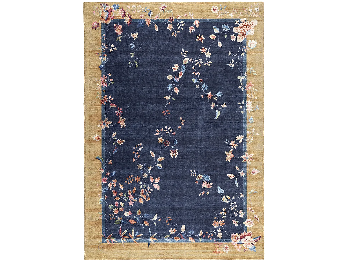 tapis salon 120x170 tissé beige et bleu rectangle motif floral VIVACE 7