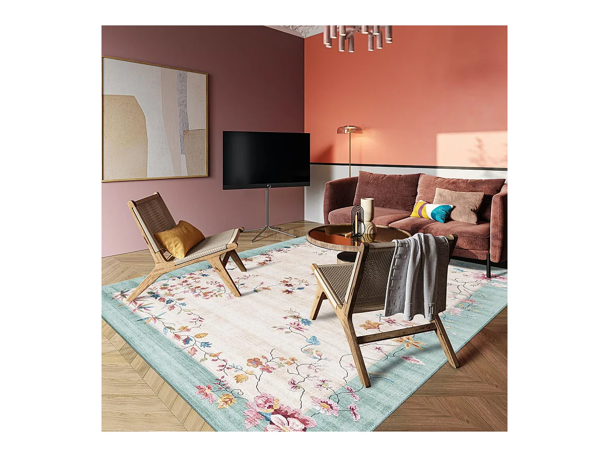 tapis grand salon 200x290 tissé rose et bleu rectangle motif floral VIVACE 7