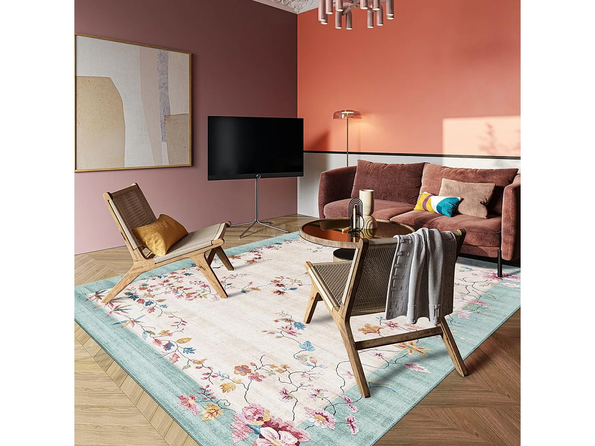 tapis grand salon 200x290 tissé rose et bleu rectangle motif floral VIVACE 7