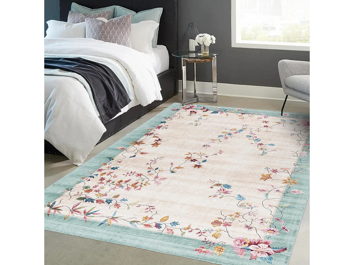 tapis grand salon 200x290 tissé rose et bleu rectangle motif floral VIVACE 7