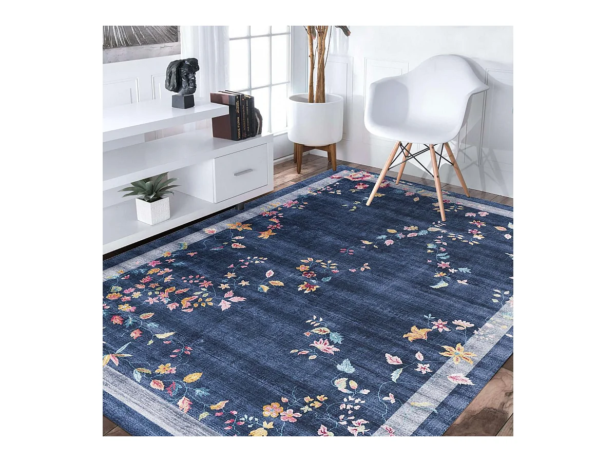 tapis grand salon 200x290 tissé bleu et rose rectangle motif floral VIVACE 8