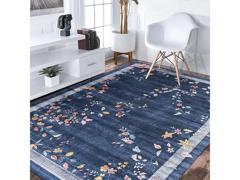 tapis grand salon 200x290 tissé bleu et rose rectangle motif floral VIVACE 8