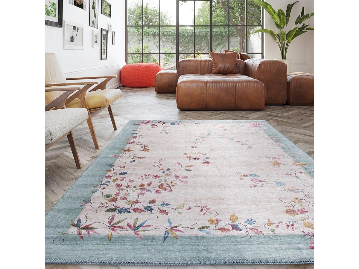 tapis salon 120x170 tissé rose et bleu rectangle motif floral VIVACE 7