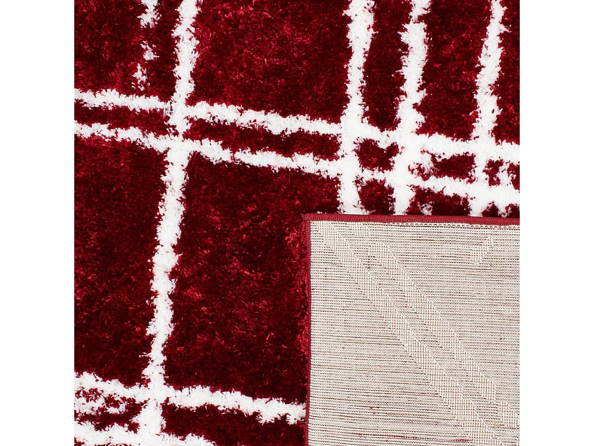 Tapis shaggy 80x300 rectangle tissé rouge et blanc motif géométrique EMBER 1