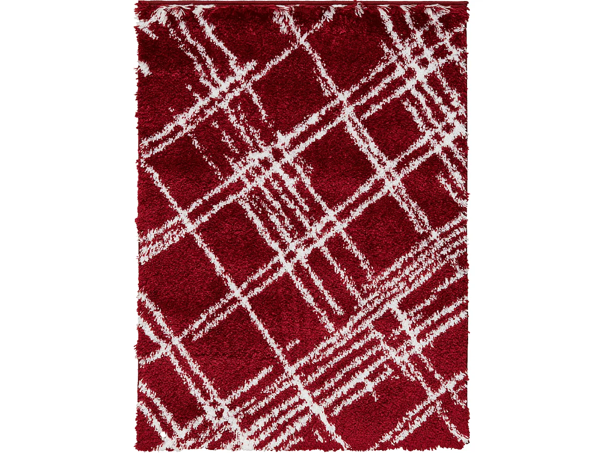 Tapis shaggy 80x300 rectangle tissé rouge et blanc motif géométrique EMBER 1