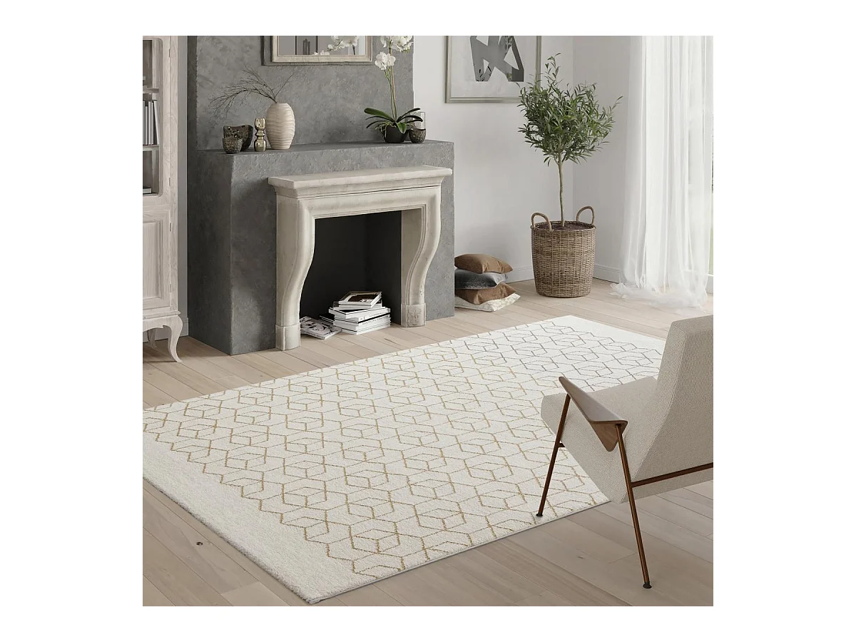 tapis chambre 80x150 tissé beige et jaune rectangle motif géométrique BELLA 3