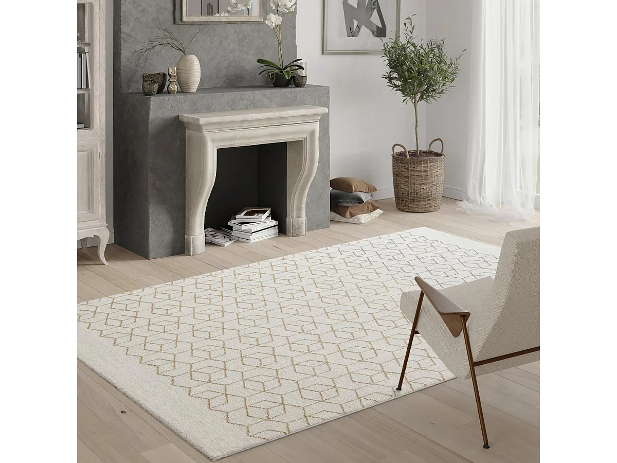 tapis chambre 80x150 tissé beige et jaune rectangle motif géométrique BELLA 3