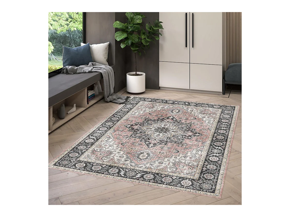 tapis salle à manger 160x230 tissé rose et gris rectangle motif oriental