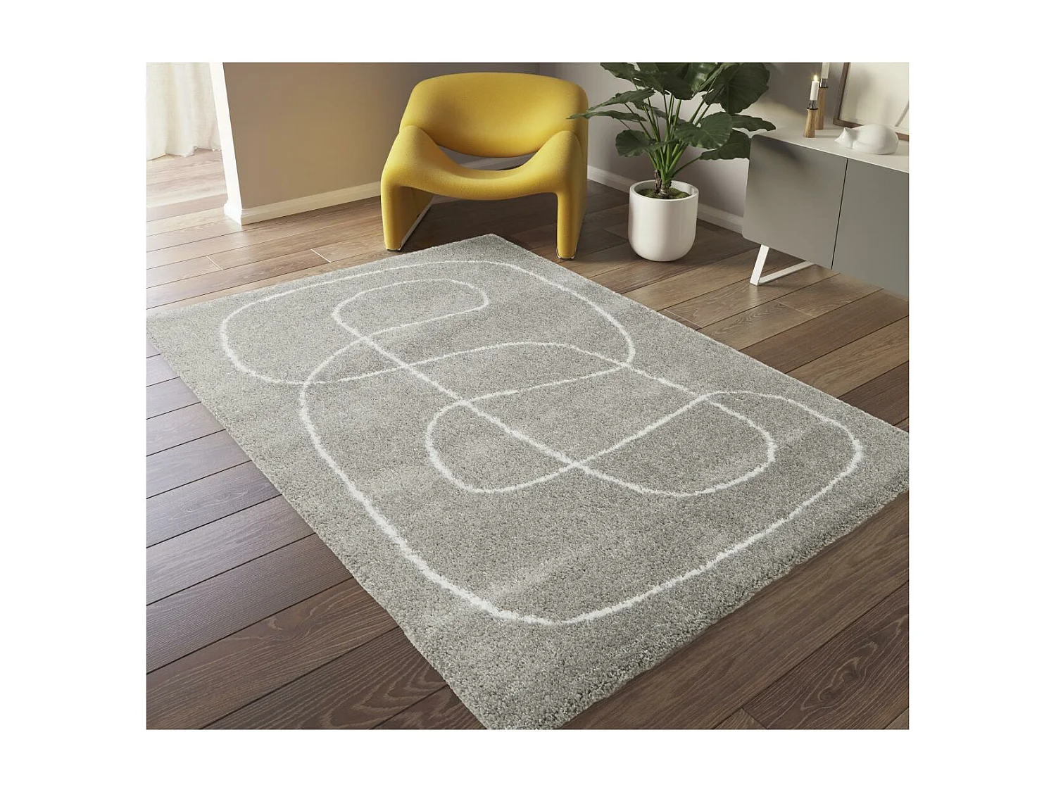 Tapis shaggy 120x170 rectangle tissé gris et crème motif abstrait AMORE 9