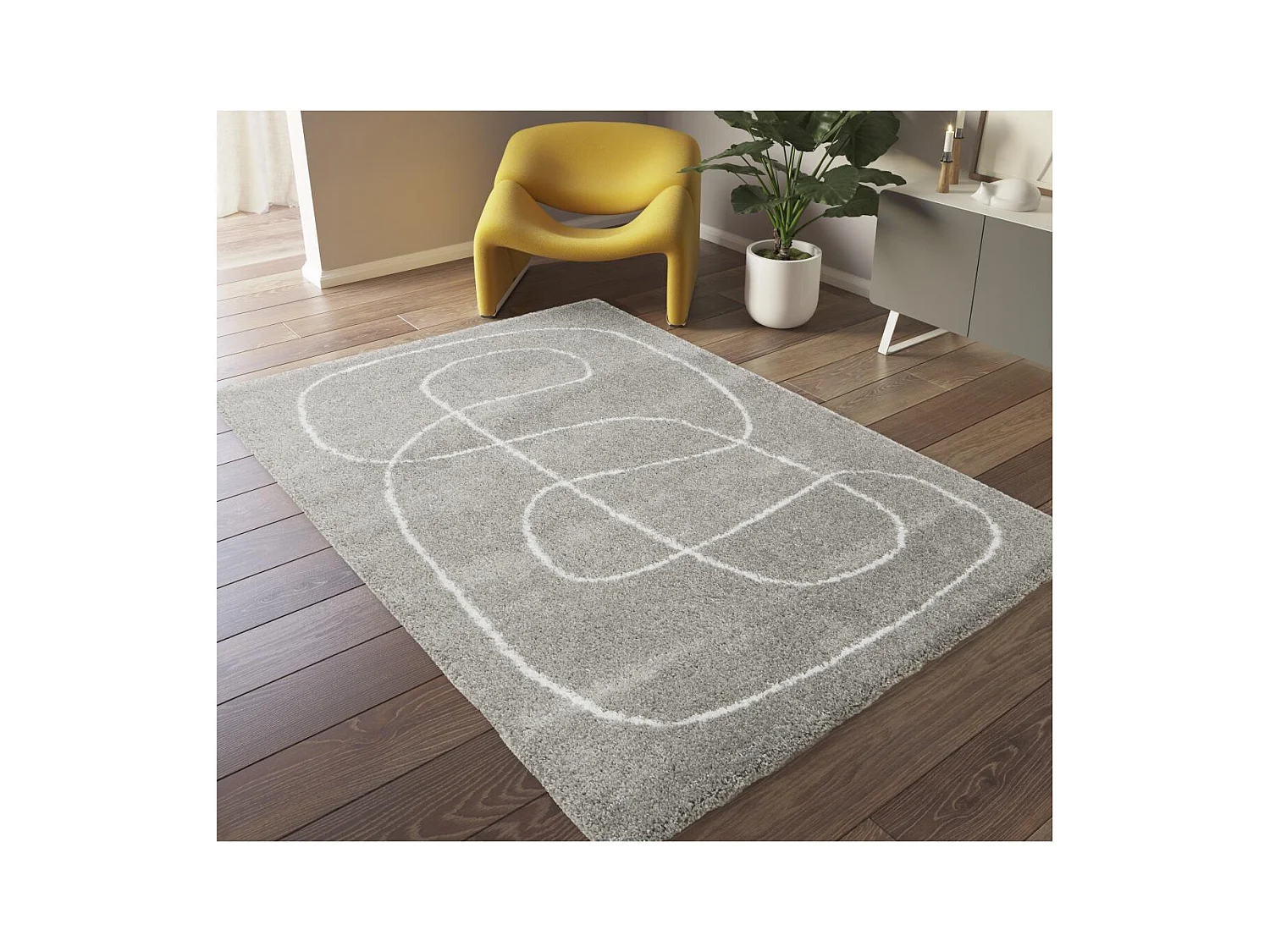 Tapis shaggy 120x170 rectangle tissé gris et crème motif abstrait AMORE 9
