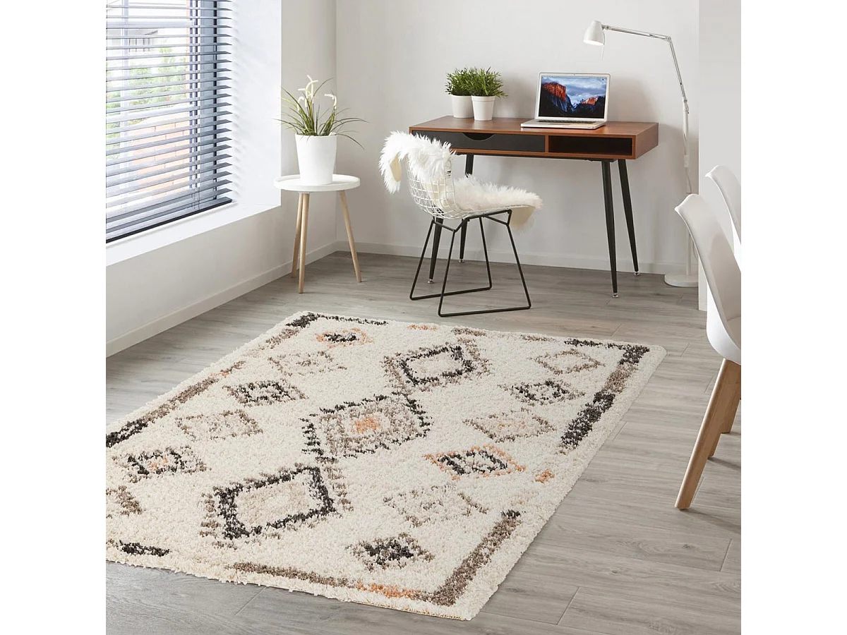 Tapis shaggy 160x230 rectangle tissé crème motif berbère CROMA 6