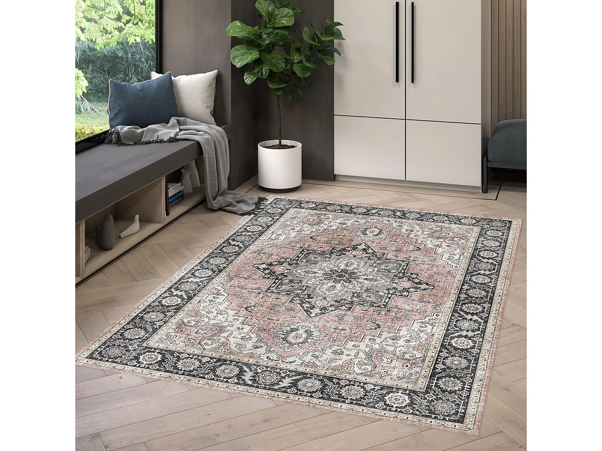 tapis grand salon 200x290 tissé rose et gris rectangle motif oriental VIVACE 3