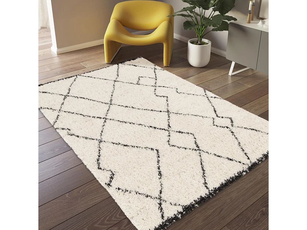 Tapis shaggy 160x230 rectangle tissé noir et crème motif berbère CROMA 12