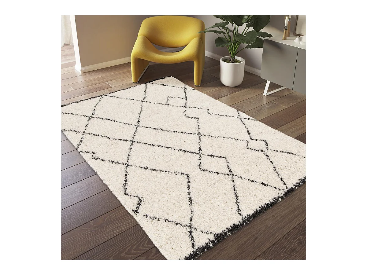 Tapis shaggy 160x230 rectangle tissé noir et crème motif berbère CROMA 12