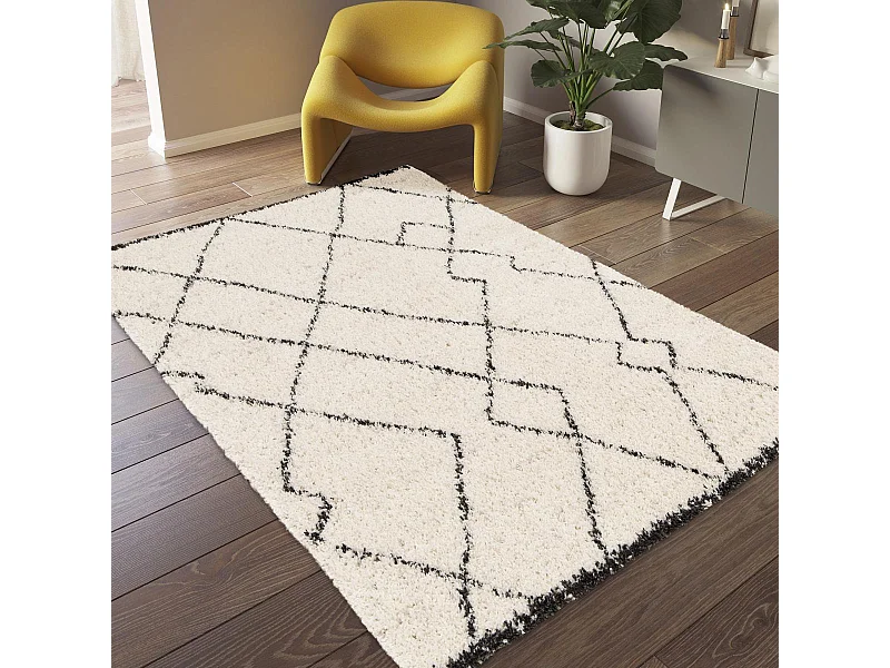 Tapis shaggy 160x230 rectangle tissé noir et crème motif berbère CROMA 12