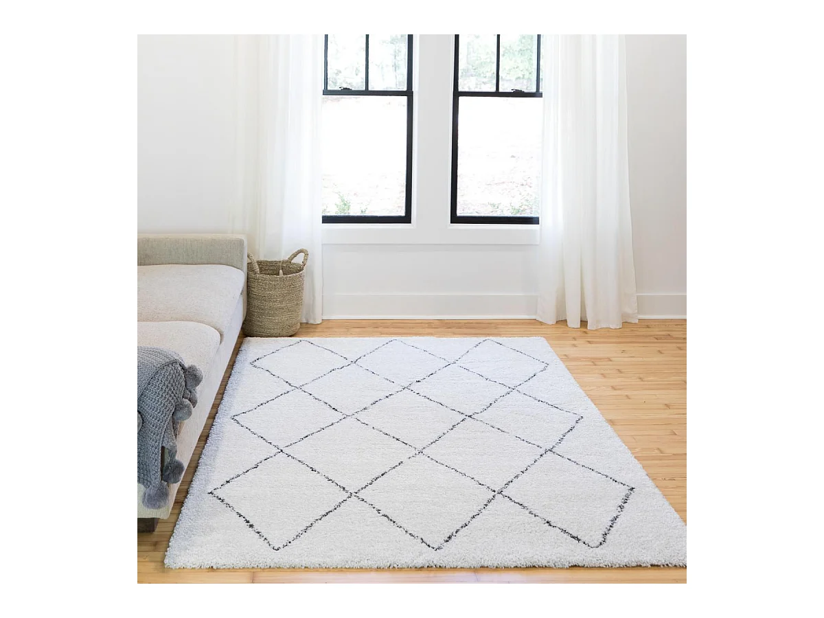Tapis shaggy 200x290 rectangle tissé crème et gris motif abstrait AMORE 7